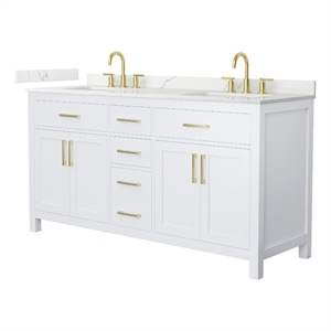 Beckett 66&quot White Double Vanity & Giotto Quartz Top (3-Hole) & Gold Trim