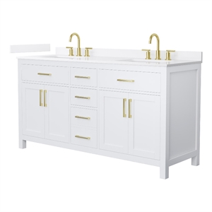 Beckett 66&quot White Double Vanity & White Quartz Top (3-Hole) & Gold Trim