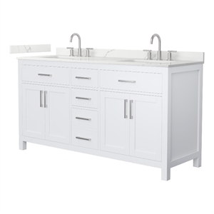 Beckett 66&quot White Double Vanity & Giotto Quartz Top (3-Hole) & Nickel Trim