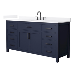 Beckett 66&quot Dark Blue Single Vanity & White Quartz Top (3-Hole) & Black Trim