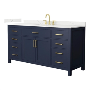 Beckett 66&quot Dark Blue Single Vanity & Giotto Quartz Top (3-Hole) & Gold Trim