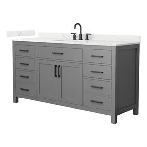 Beckett 66&quot Dark Gray Single Vanity & Giotto Quartz Top (3-Hole) & Black Trim