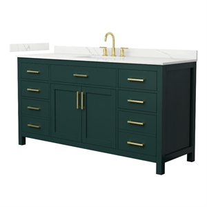 Beckett 66&quot Green Single Vanity & Giotto Quartz Top (3-Hole) & Gold Trim