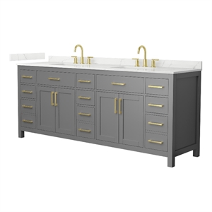 Beckett 84&quot Dark Gray Double Vanity & Giotto Quartz Top (3-Hole) & Gold Trim