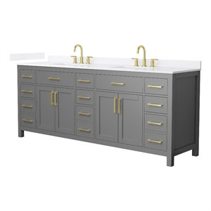 Beckett 84&quot Dark Gray Double Vanity & White Quartz Top (3-Hole) & Gold Trim