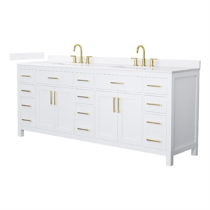 Beckett 84&quot White Double Vanity & White Quartz Top (3-Hole) & Gold Trim