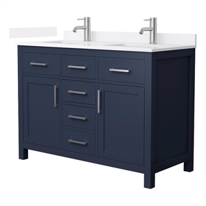 Beckett 48&quot Dark Blue Double Vanity & White Quartz Top (1-Hole) & Nickel Trim