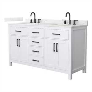 Beckett 60&quot White Double Vanity & Giotto Quartz Top (3-Hole) & Black Trim