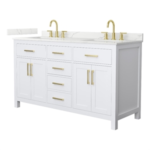 Beckett 60&quot White Double Vanity & Giotto Quartz Top (3-Hole) & Gold Trim