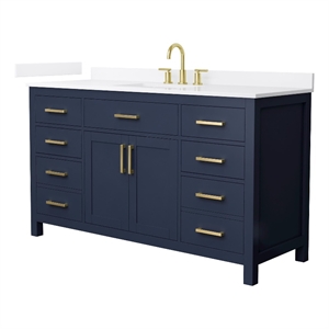 Beckett 60&quot Dark Blue Single Vanity & White Quartz Top (3-Hole) & Gold Trim