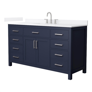 Beckett 60&quot Dark Blue Single Vanity & White Quartz Top (3-Hole) & Nickel Trim