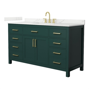 Beckett 60&quot Green Single Vanity & Giotto Quartz Top (3-Hole) & Gold Trim