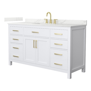 Beckett 60&quot White Single Vanity & Giotto Quartz Top (3-Hole) & Gold Trim