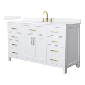 Beckett 60&quot White Single Vanity & White Quartz Top (3-Hole) & Gold Trim