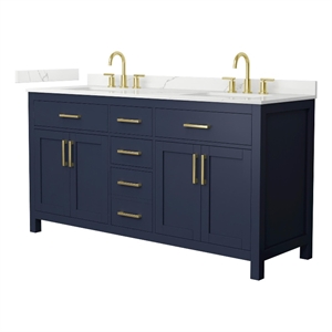 Beckett 66&quot Dark Blue Double Vanity & Giotto Quartz Top (3-Hole) & Gold Trim