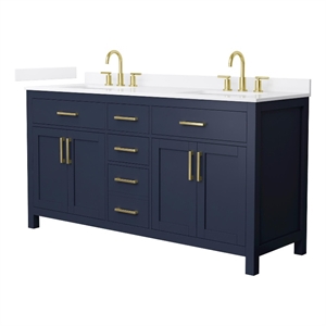 Beckett 66&quot Dark Blue Double Vanity & White Quartz Top (3-Hole) & Gold Trim