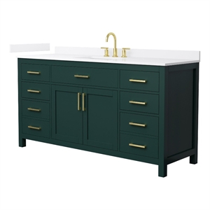 Beckett 66&quot Green Single Vanity & White Quartz Top (3-Hole) & Gold Trim