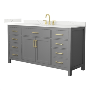 Beckett 66&quot Dark Gray Single Vanity & Giotto Quartz Top (3-Hole) & Gold Trim