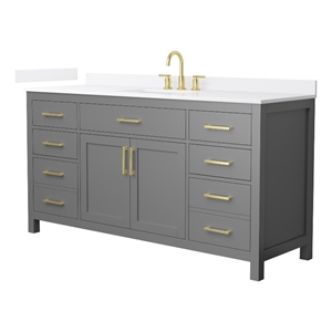 Beckett 66&quot Dark Gray Single Vanity & White Quartz Top (3-Hole) & Gold Trim