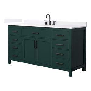 Beckett 66&quot Green Single Vanity & White Quartz Top (3-Hole) & Black Trim