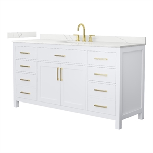 Beckett 66&quot White Single Vanity & Giotto Quartz Top (3-Hole) & Gold Trim