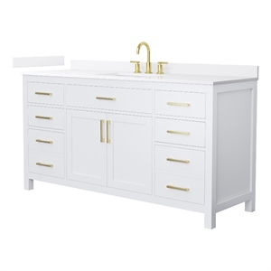 Beckett 66&quot White Single Vanity & White Quartz Top (3-Hole) & Gold Trim