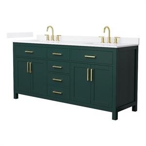 Beckett 72&quot Green Double Vanity & White Quartz Top (3-Hole) & Gold Trim