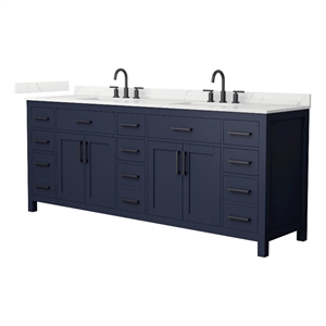 Beckett 84&quot Dark Blue Double Vanity & Giotto Quartz Top (3-Hole) & Black Trim
