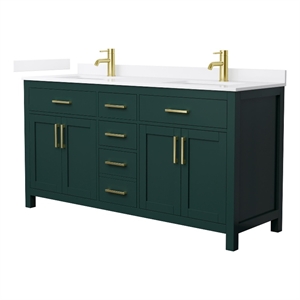 Beckett 66&quot Green Double Vanity & White Quartz Top (1-Hole) & Gold Trim