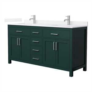 Beckett 66&quot Green Double Vanity & White Quartz Top (1-Hole) & Nickel Trim