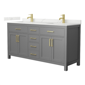 Beckett 66&quot Dark Gray Double Vanity & Giotto Quartz Top (1-Hole) & Gold Trim