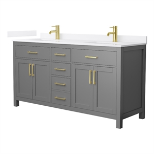 Beckett 66&quot Dark Gray Double Vanity & White Quartz Top (1-Hole) & Gold Trim