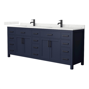 Beckett 84&quot Dark Blue Double Vanity & Giotto Quartz Top (1-Hole) & Black Trim