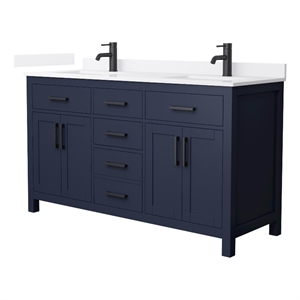 Beckett 60&quot Dark Blue Double Vanity & White Quartz Top (1-Hole) & Black Trim