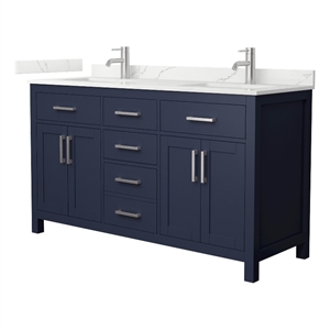 Beckett 60&quot Dark Blue Double Vanity & Giotto Quartz Top (1-Hole) & Nickel Trim