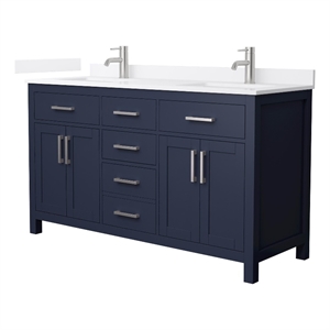 Beckett 60&quot Dark Blue Double Vanity & White Quartz Top (1-Hole) & Nickel Trim