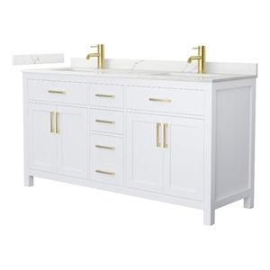 Beckett 66&quot White Double Vanity & Giotto Quartz Top (1-Hole) & Gold Trim