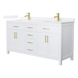Beckett 66&quot White Double Vanity & White Quartz Top (1-Hole) & Gold Trim