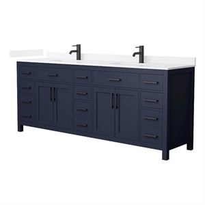 Beckett 84&quot Dark Blue Double Vanity & White Quartz Top (1-Hole) & Black Trim