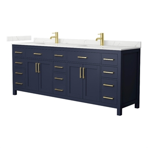 Beckett 84&quot Dark Blue Double Vanity & Giotto Quartz Top (1-Hole) & Gold Trim