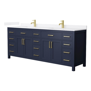 Beckett 84&quot Dark Blue Double Vanity & White Quartz Top (1-Hole) & Gold Trim