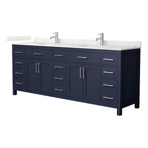 Beckett 84&quot Dark Blue Double Vanity & Giotto Quartz Top (1-Hole) & Nickel Trim