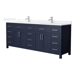 Beckett 84&quot Dark Blue Double Vanity & White Quartz Top (1-Hole) & Nickel Trim