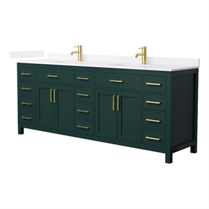 Beckett 84&quot Green Double Vanity & White Quartz Top (1-Hole) & Gold Trim