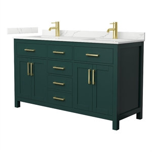 Beckett 60&quot Green Double Vanity & Giotto Quartz Top (1-Hole) & Gold Trim