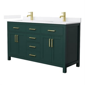 Beckett 60&quot Green Double Vanity & White Quartz Top (1-Hole) & Gold Trim