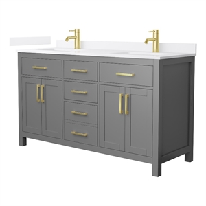 Beckett 60&quot Dark Gray Double Vanity & White Quartz Top (1-Hole) & Gold Trim