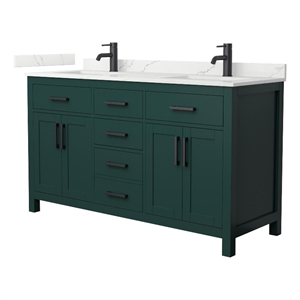 Beckett 60&quot Green Double Vanity & Giotto Quartz Top (1-Hole) & Black Trim
