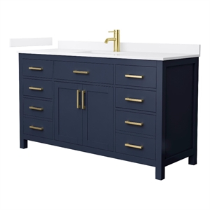 Beckett 60&quot Dark Blue Single Vanity & White Quartz Top (1-Hole) & Gold Trim