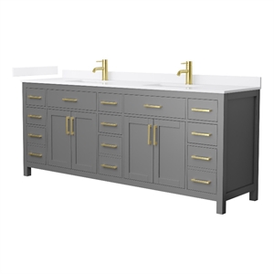 Beckett 84&quot Dark Gray Double Vanity & White Quartz Top (1-Hole) & Gold Trim
